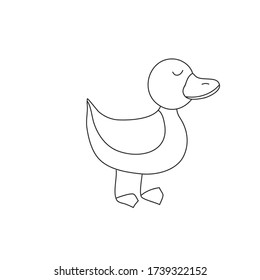 Cute duck in doodle style isolated on white background. Black-white vector illustration. Duck is happy