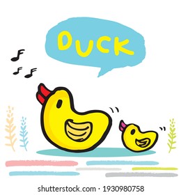 Cute duck doodle vector illustration,Adorable pattern with funny duck,Funny colorful vector pattern with cute duck,Hand drawn cartoon