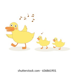 Cute duck and duckling cartoon design on white background. Vector illustration