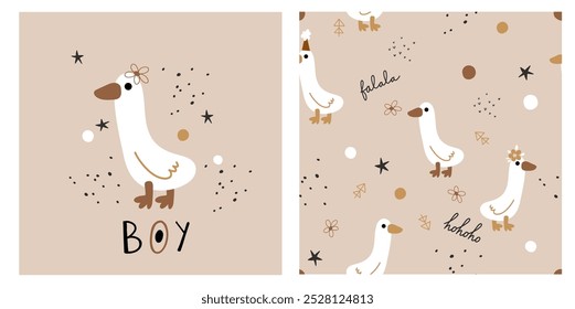 Cute duck duckling goose farm minimalist seamless kid pattern in pastel scandinavian bohemian backdrop wallpaper fabric fashion.