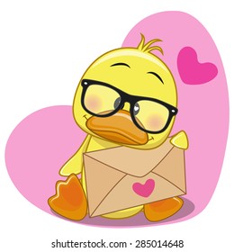 Cute Duck in with envelope on a heart background