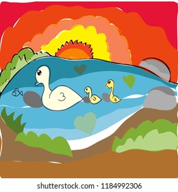 cute duck family on the water in the evening in colorful doodle illustration
