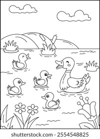 Cute a duck family is swimming  pond 