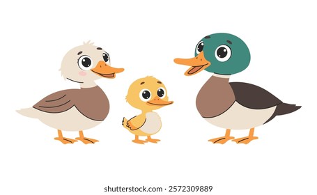 Cute duck family. Vector illustration isolated on a white background.