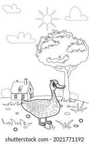 Cute duck farm animals coloring book educational illustration for children. Rural landscape colouring page. Vector black white outline cartoon characters