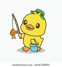 Cute duck Fishing Fish Cartoon Vector Icon Illustration. Animal Food