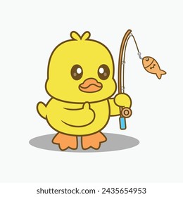 Cute Duck Fishing Vector Icon Illustration. Animal Icon