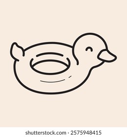 Cute Duck Floater icon with happy smile, cheerful eyes, large beak and long tail, all ready to swim. Rubber float with duck character outline iconic vector line art