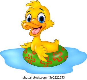 Cute duck floating with inflatable ring
