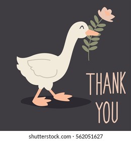 Cute duck with flower in beak. Handwritten "Thank you". Vector illustration or postcard.