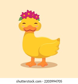 Cute Duck with Flower Cartoon Vector