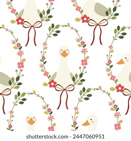 cute duck in flower frame seamless patter  with bow  , vector illustration