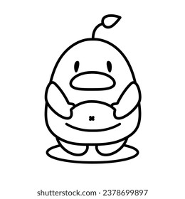 Cute duck with flower on his head. Kawaii duckling with belly. Vector illustration in linear style