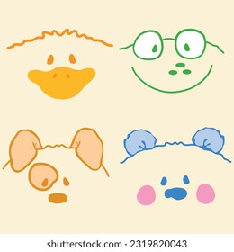 Cute duck, Frog, Puppy and little bear faces, spring summer design, fashion style.