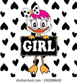 cute duck and girl hand drawn lettering on hearts background. Vector illustration for baby kids t-shirt graphics design