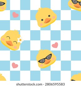 Cute Duck Head Seamless Pattern on Blue Checkered Background, Kawaii Yellow Duck Vector Illustration