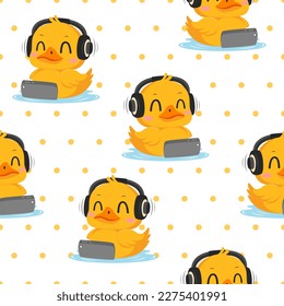 Cute Duck with Headphone Cartoon Vectors Pattern Backgrounds.