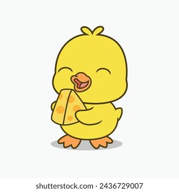Cute duck Hold Cheese Vector Icon Illustration. Animal Icon Food and drink.