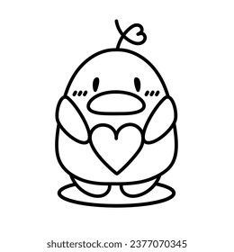Cute duck hold heart on white background. Animal character outline design. Isolated. Image for card, poster, sticker. Kawaii. Vector Illustration in doodle style. Valentine card