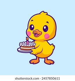 Cute Duck Holding Birthday Cake Cartoon Vector Icon Illustration. Animal Food Icon Concept Isolated Premium Vector. Flat Cartoon Style