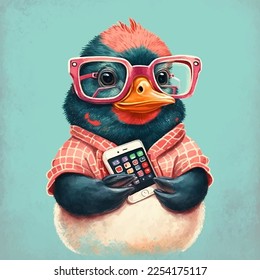 Cute duck is holding a smartphone, wearing glasses and gingham shirt, plain background