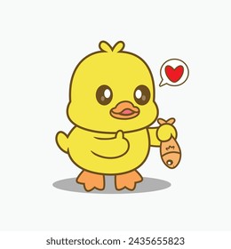 Cute Duck Hug Fish Cartoon Vector Icon Illustration. Animal Holidays