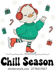 Cute Duck Ice Skating in Winter Outfit with Christmas Gifts and Snowflakes Illustration