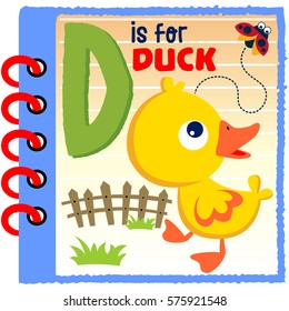 Cute duck with ladybug in notebook frame, education cartoon for kids, vector cartoon illustration
