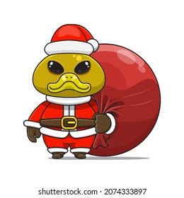 cute duck mascot, carrying red bundle bag and wearing santa claus costume, cute animal character wearing christmas costume, front view. kawaii and shiny style, perfect for christmas content