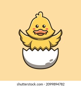 The cute duck mascot hatches from the egg. Flat cartoon style.