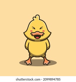 Cute duck mascot with a sour expression. Flat cartoon style.