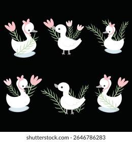 Cute duck with meadow flower plant, isolated vector illustration for children, sticker, education, card, business