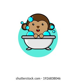 Cute duck monkey character taking a shower illustration design