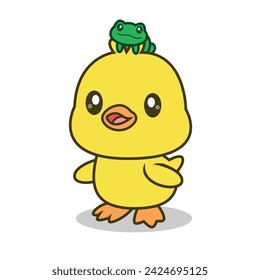 Cute duck on top of his head there is a frog