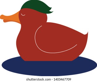 A cute duck on water in orange colour with long yellow beak , vector, color drawing or illustration.