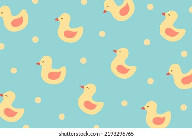 Cute Duck Pattern With Yellow Polka Dot Isolate On Blue Background. Creative For Print, Screen, Wallpaper, Textile Or Cover.Vector.Illuatration.