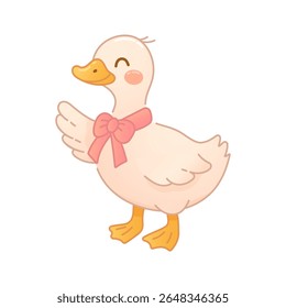Cute duck with pink bow in cozy countryside
