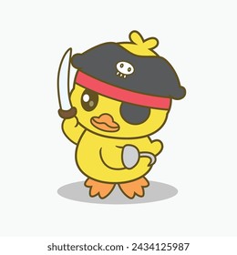 Cute Duck Pirate Holding Sword Cartoon Vector Icon Illustration. Animal Holiday