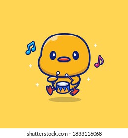 Cute Duck Playing Drum Cartoon Vector Icon Illustration. Animal Music Icon Concept Isolated Premium Vector. Flat Cartoon Style