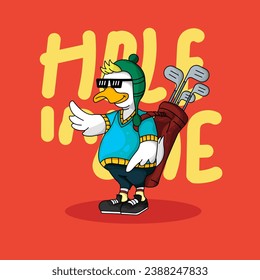 Cute duck playing golf vector llustration, flat cartoon style