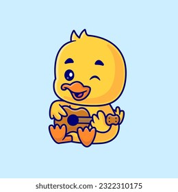 Cute Duck Playing Guitar Cartoon Vector Icon Illustration. Animal Music Icon Concept Isolated Premium Vector. Flat Cartoon Style