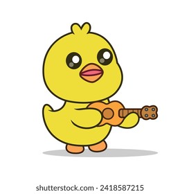 Cute Duck Playing Guitar Cartoon Vector Icon Illustration. Animal Music Icon Concept Isolated Premium Vector. Flat Cartoon Style