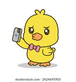 Cute Duck Playing Phone Cartoon Vector Icon Illustration. Animal Technology
