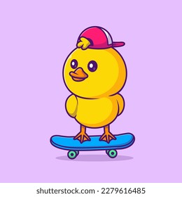 Cute Duck Playing Skateboard Cartoon Vector Icon Illustration. Animal Sport Icon Concept Isolated Premium Vector. Flat Cartoon Style