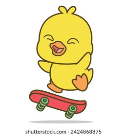 Cute Duck Playing Skateboard Cartoon Vector Icon Illustration. Animal Sport