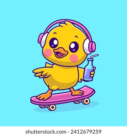 Cute Duck Playing Skateboard With Headphone and Juice
Cartoon Vector Icon Illustration. Animal Sport Icon Concept
Isolated Premium Vector. Flat Cartoon Style