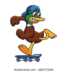 Cute duck playing skateboard vector cartoon Illustration. Cat playing skate concept. Duck cartoon logo.