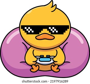 Cute duck playing video games - cartoon character - vector illustration