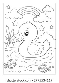 Cute Duck in Pond Coloring Page for Kids. Cartoon Duck Swimming with Fish, Rainbow and Clouds Easy Outline. Black and White Printable Activity Sheet
