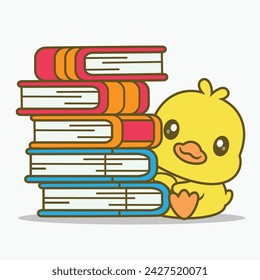 Cute Duck Reading Book Cartoon Vector Icon Illustration. Animal Education